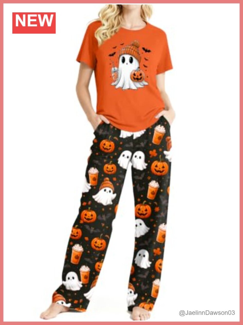 Women's Halloween Pajama Set Short Sleeve Top Long Plaid Pants Sleepwear